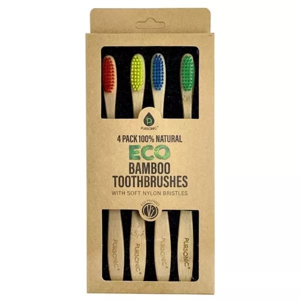 Pursonic 4 Pack Eco Bamboo Toothbrushes with Soft Nylon Bristles